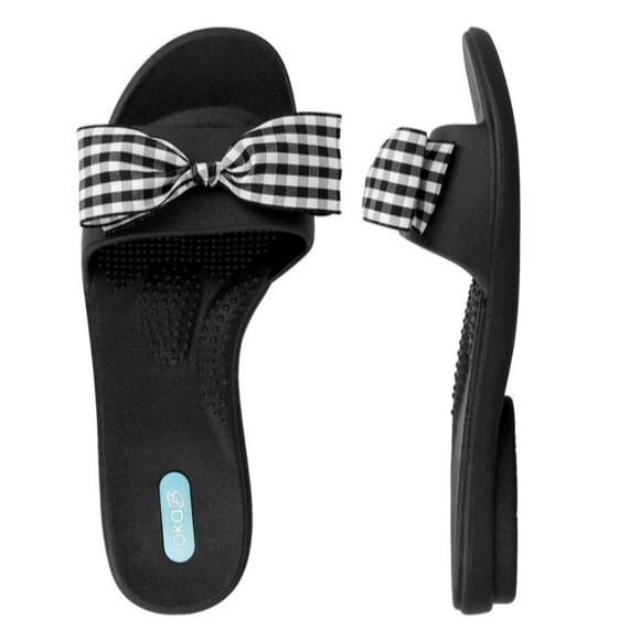 OkaB Madison Slide Sandals with Gingham Bows Black & White Size M 6.5-7.5 NWOT - Picture 1 of 15